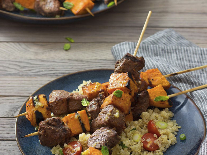 Grilled Lamb and Sweet Potato Kabobs with Quinoa, Garlic, Lemon, and Mint