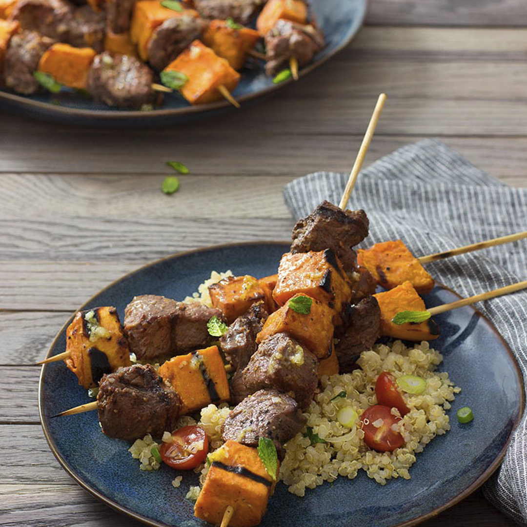 Recipe Info Grilled Lamb and Sweet Potato Kabobs with Quinoa, Garlic