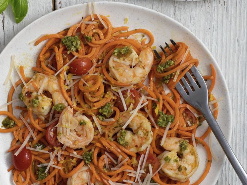  Quick and Easy Sweet Potato Noodles with Shrimp and Pesto