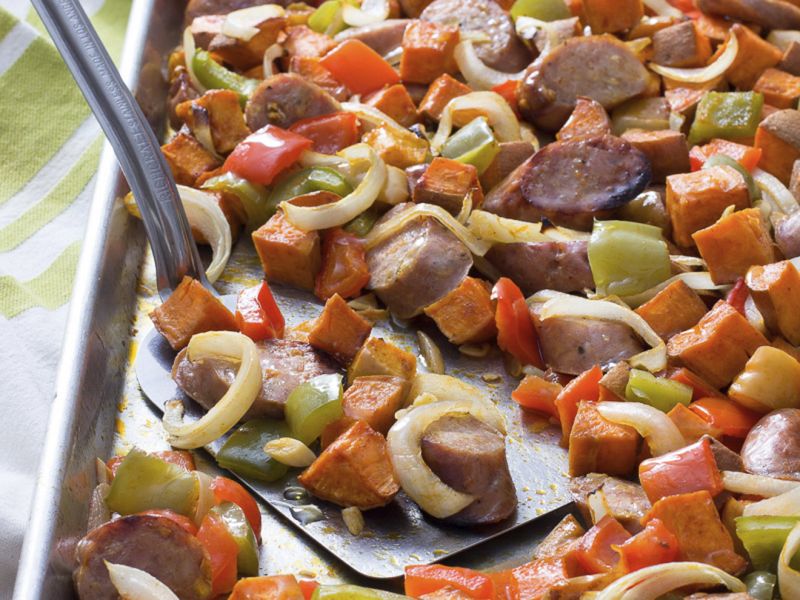  Sausage, Sweet Potato, Sweet Onion, and Apple Sheet Pan