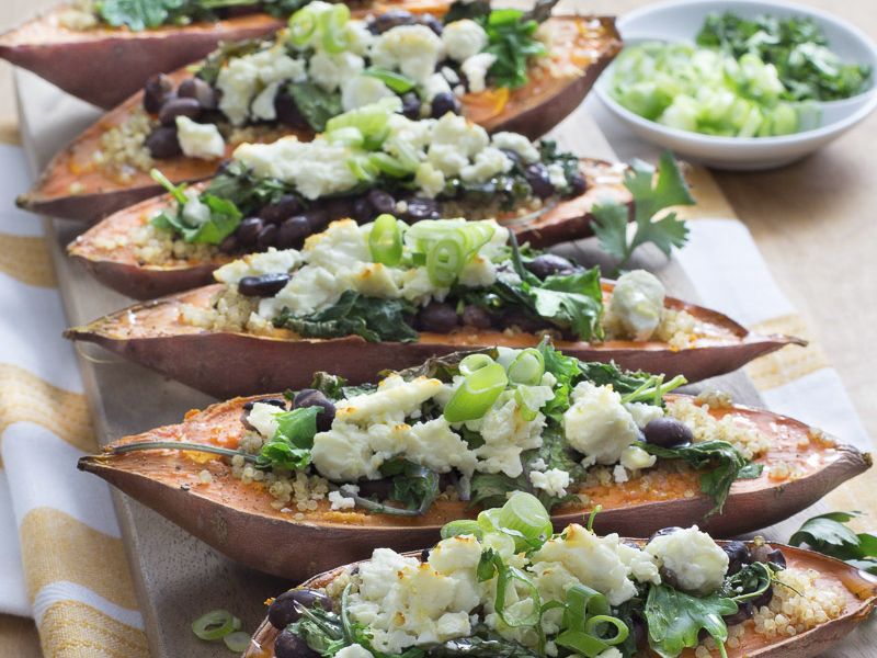  Stuffed Sweet Potato Skins with Quinoa, Black Beans, and Feta