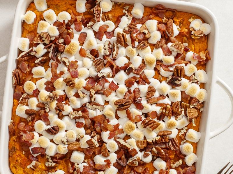 Ultimate Sweet Potato Marshmallow Casserole with Maple, Bacon, and Bourbon