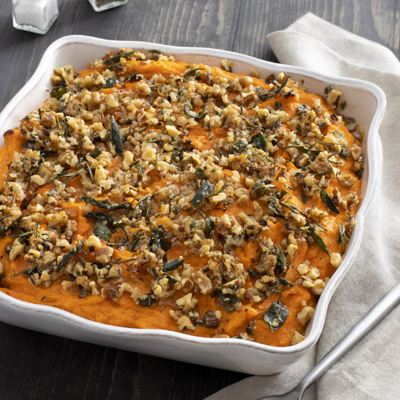 Recipe Info Savory Sweet Potato Casserole with Herbs, Walnuts, and