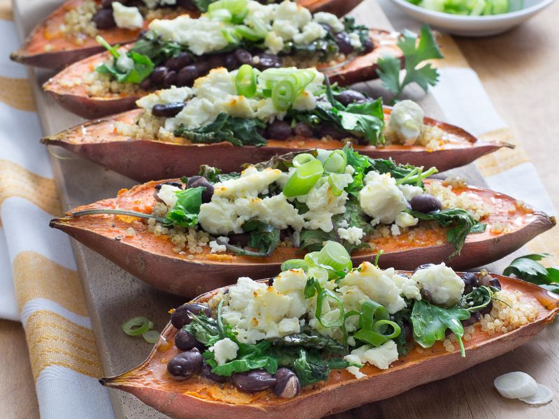 Recipe Info Stuffed Sweet Potato Skins with Quinoa, Black Beans, and Feta