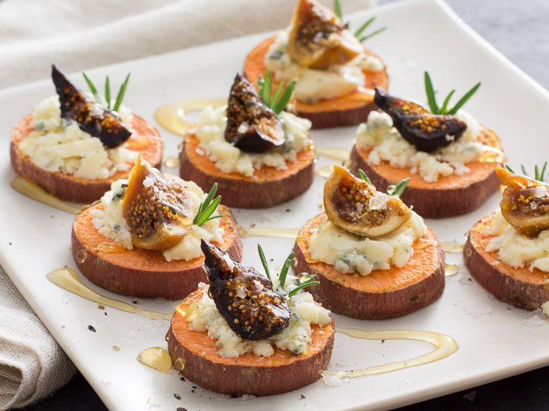  Sweet Potato Toast Bites with Figs, Blue Cheese, Flaked Salt, and Honey